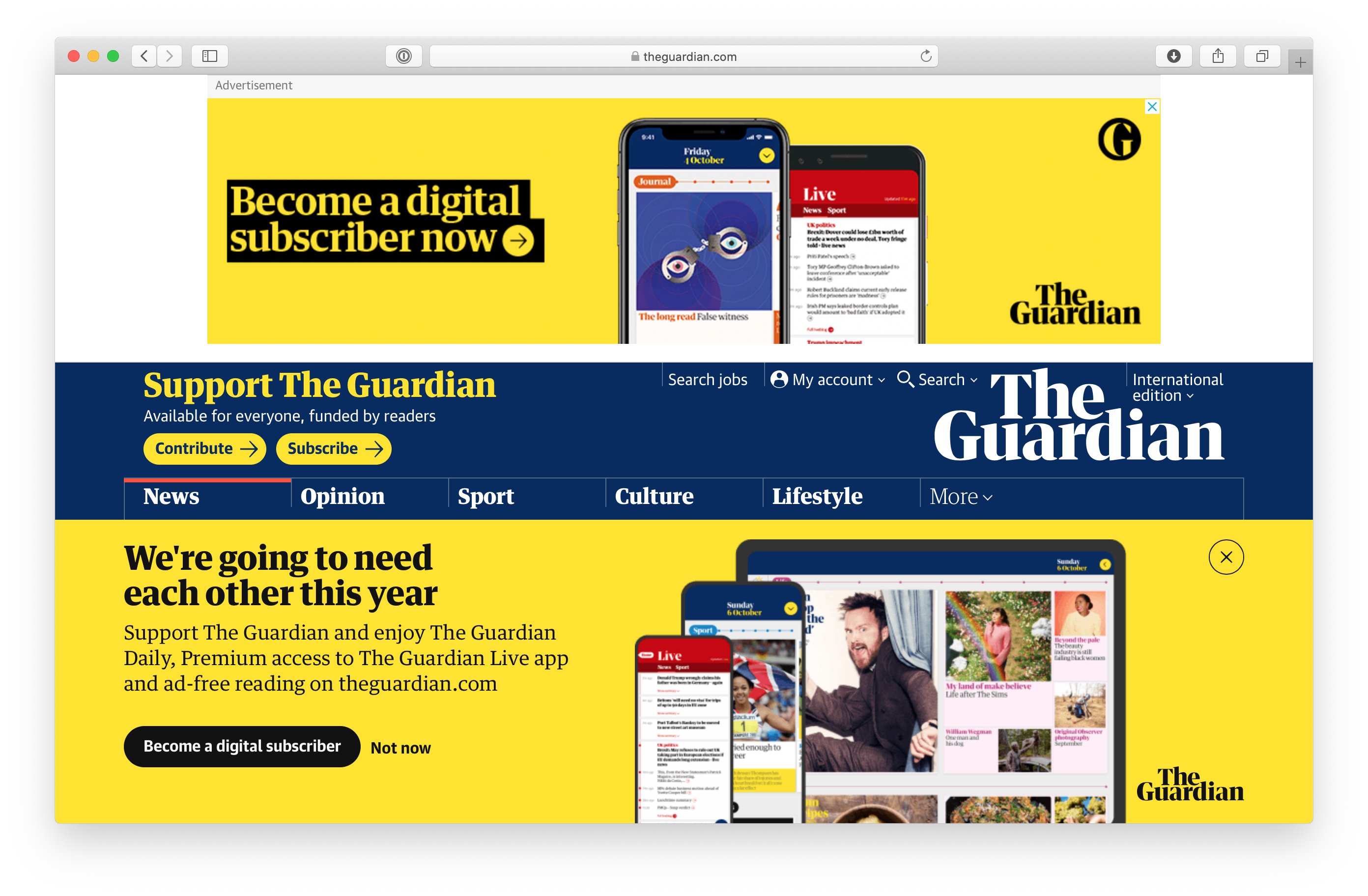 A screenshot of the Guardian homepage obscured by advertisement.
