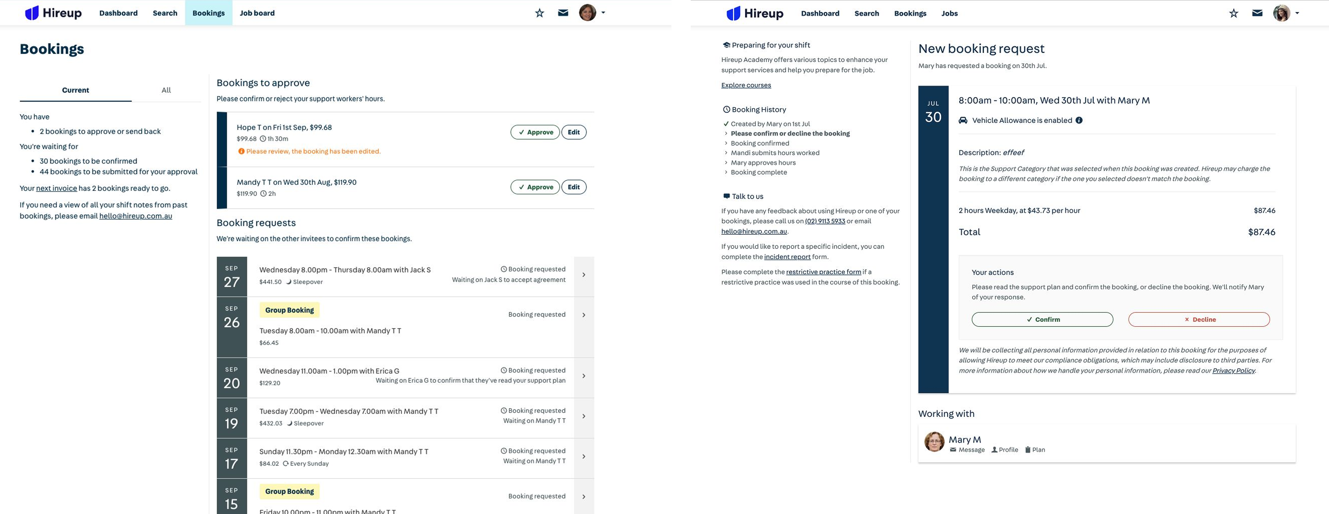 Screenshots of the old bookings platform.