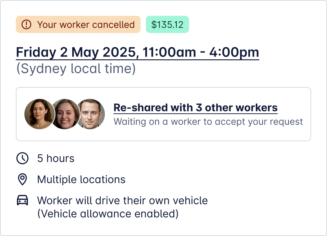 A Booking card showing a worker has cancelled.