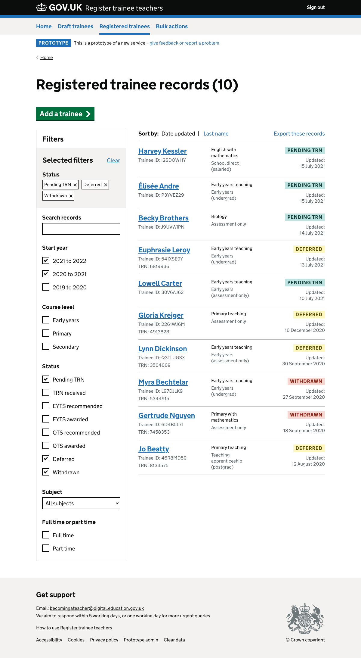 A screen shot of trainee records screen