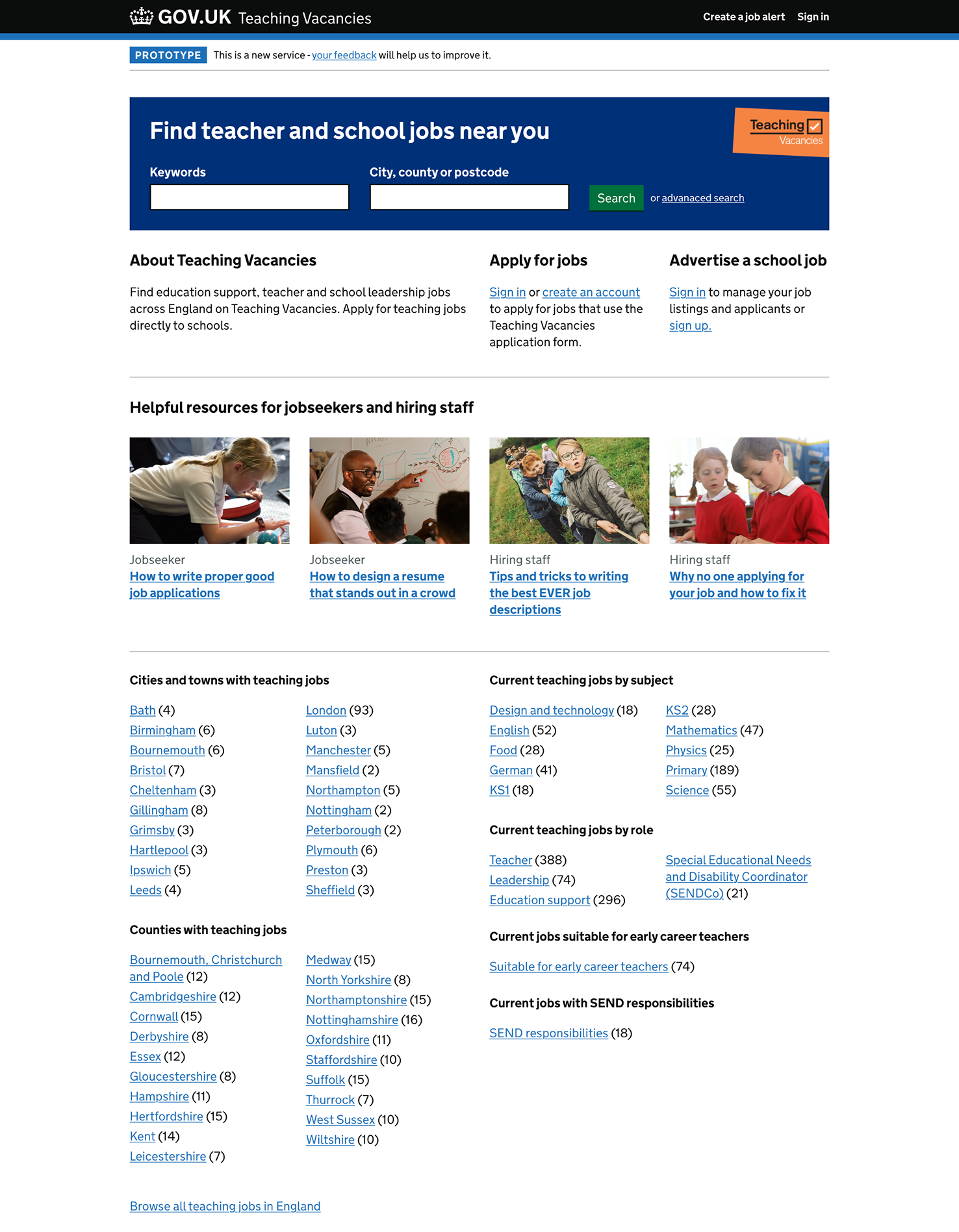 The redesigned Teaching Vacancies homepage.