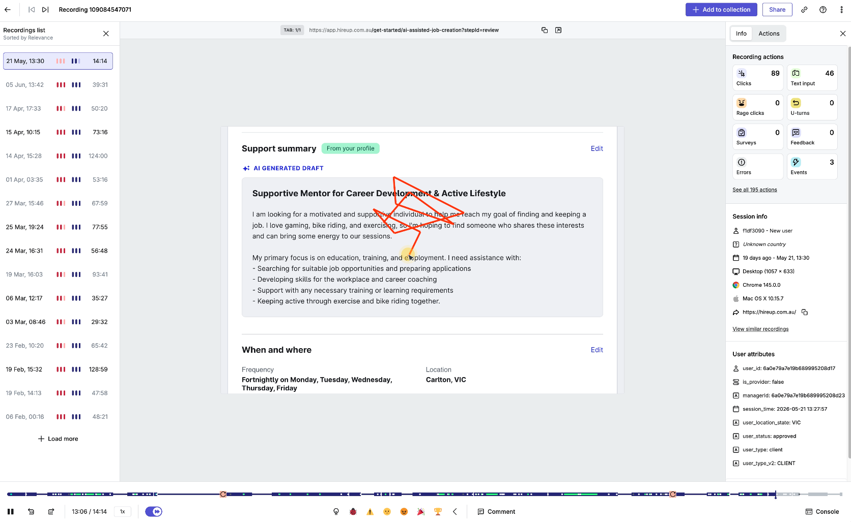 A screenshot of a Hotjar recording.