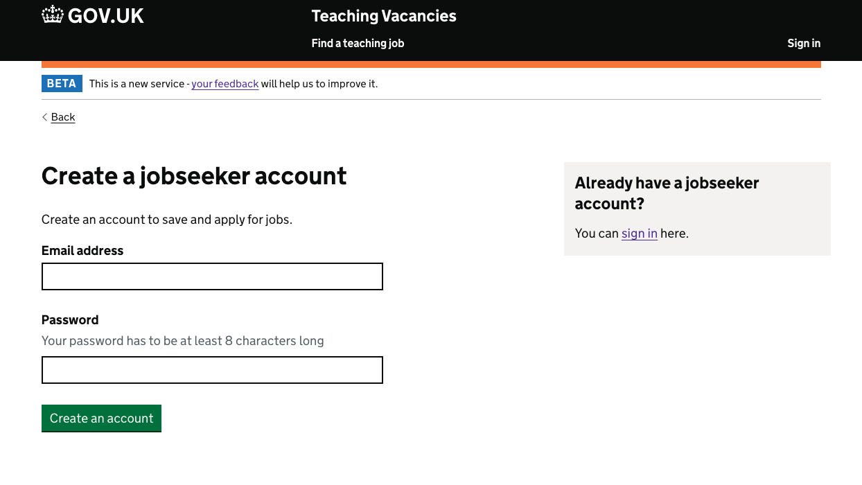 Create a jobseeker account form.