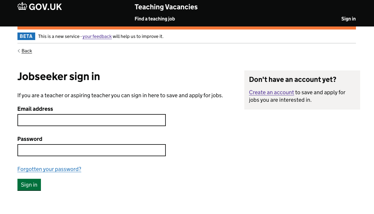 Jobseeker sign in form with email and password fields.
