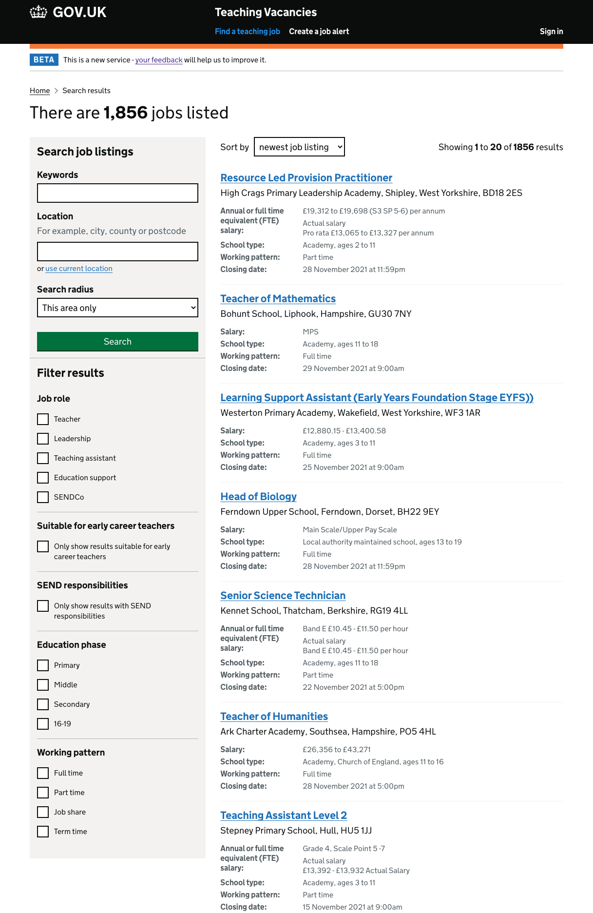 Search results with filters permanently visible in the sidebar.