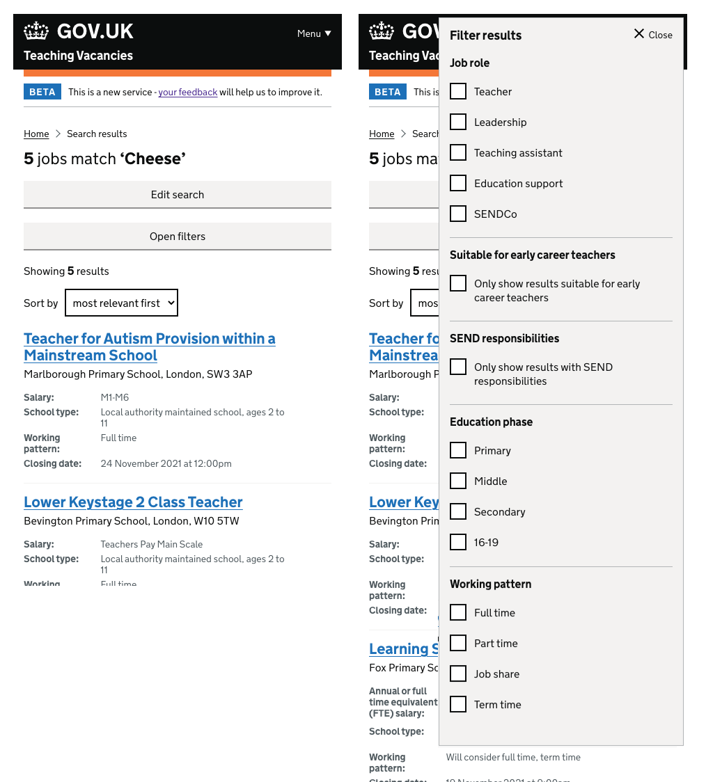 Mobile search results with an open filters panel.