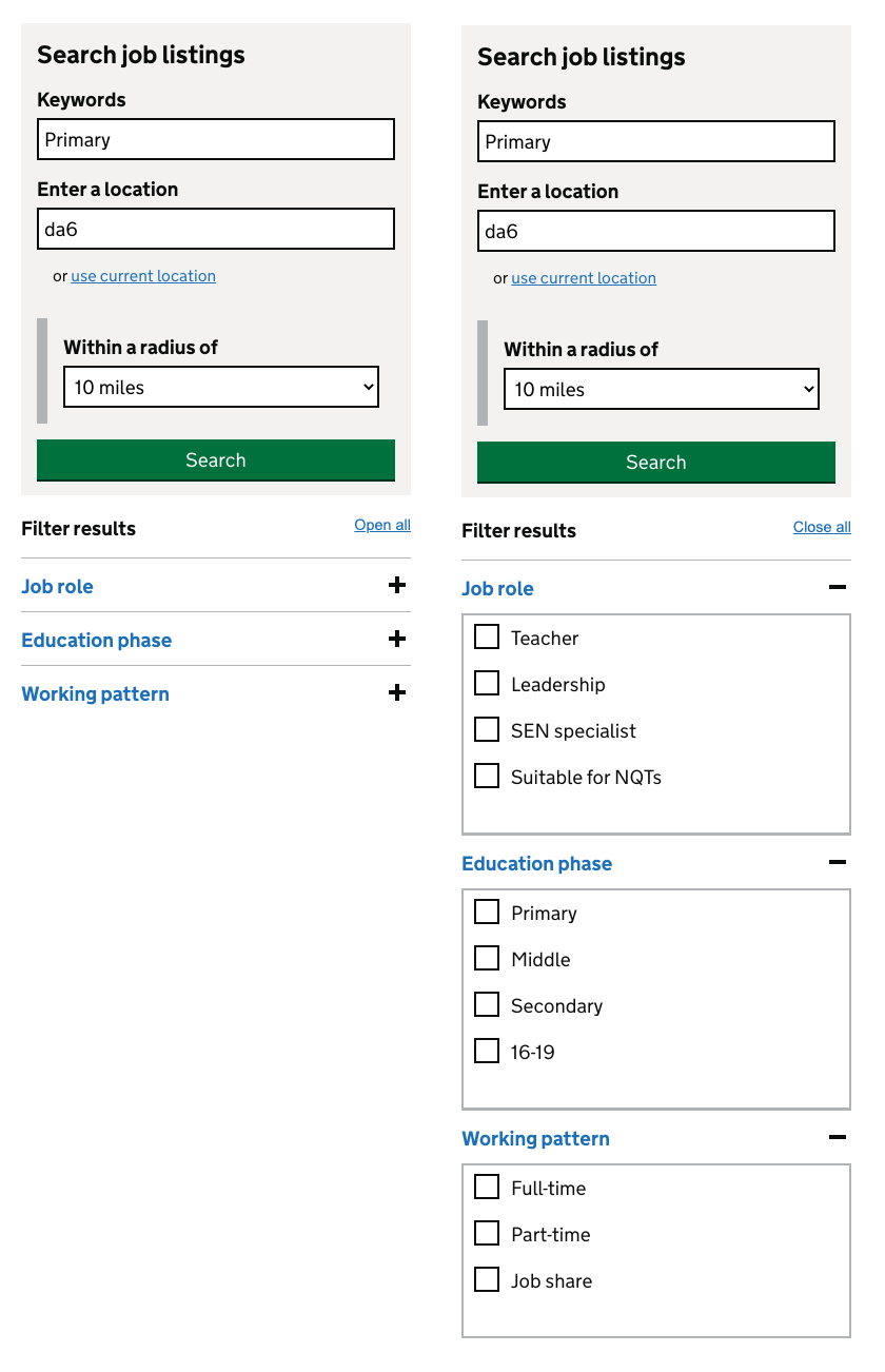Original search filters closed and open, with options hidden in accordions.