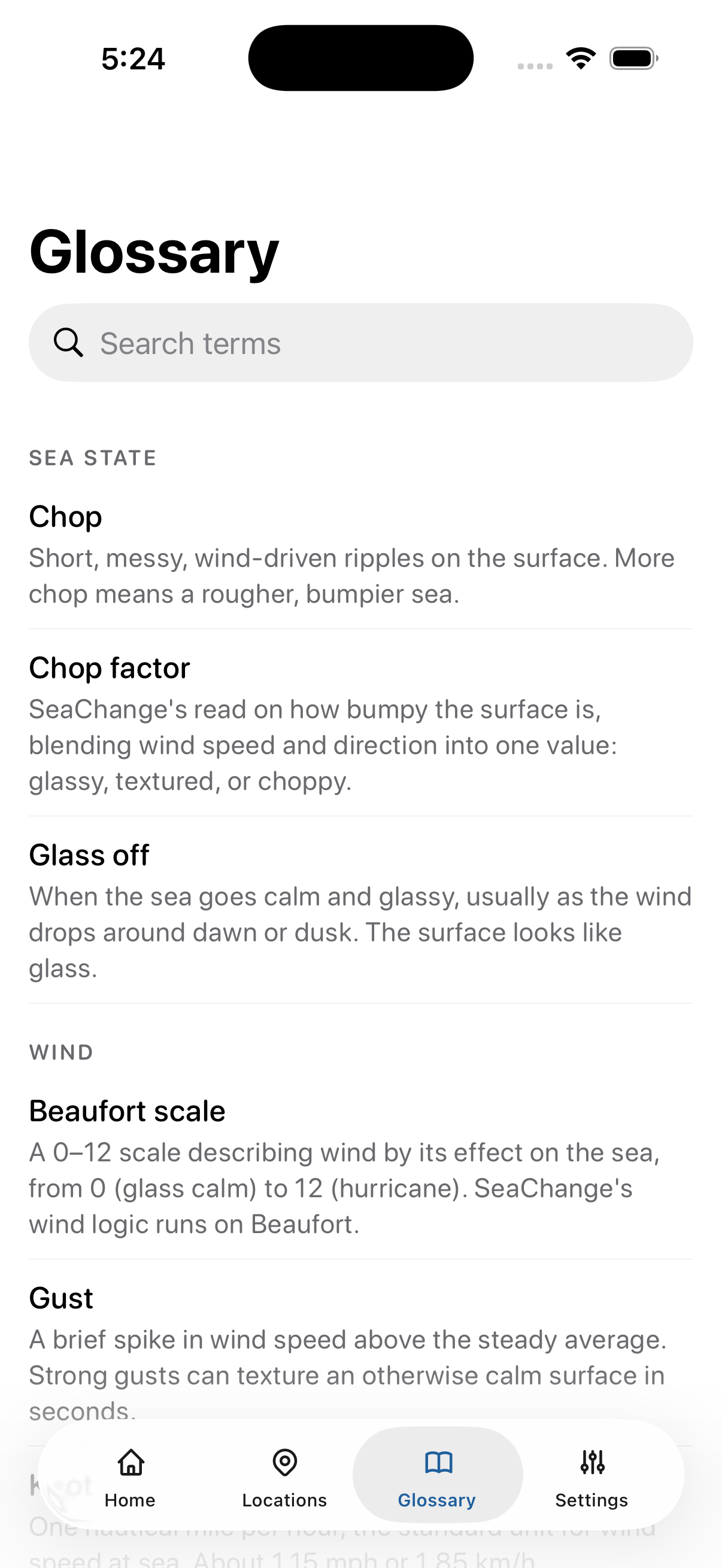 The SeaChange in-app glossary, coastal terms each with a plain-language definition