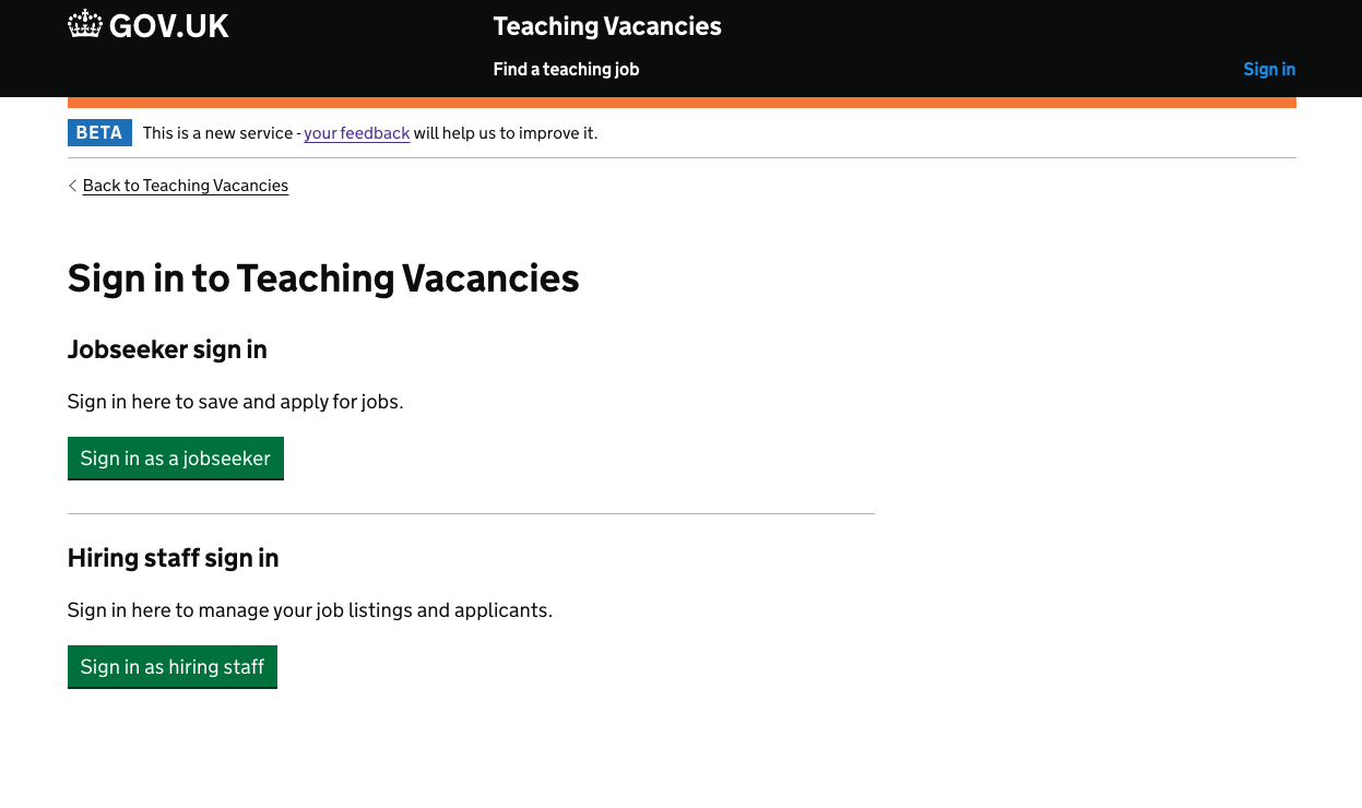 Sign in page with separate options for jobseekers and hiring staff.