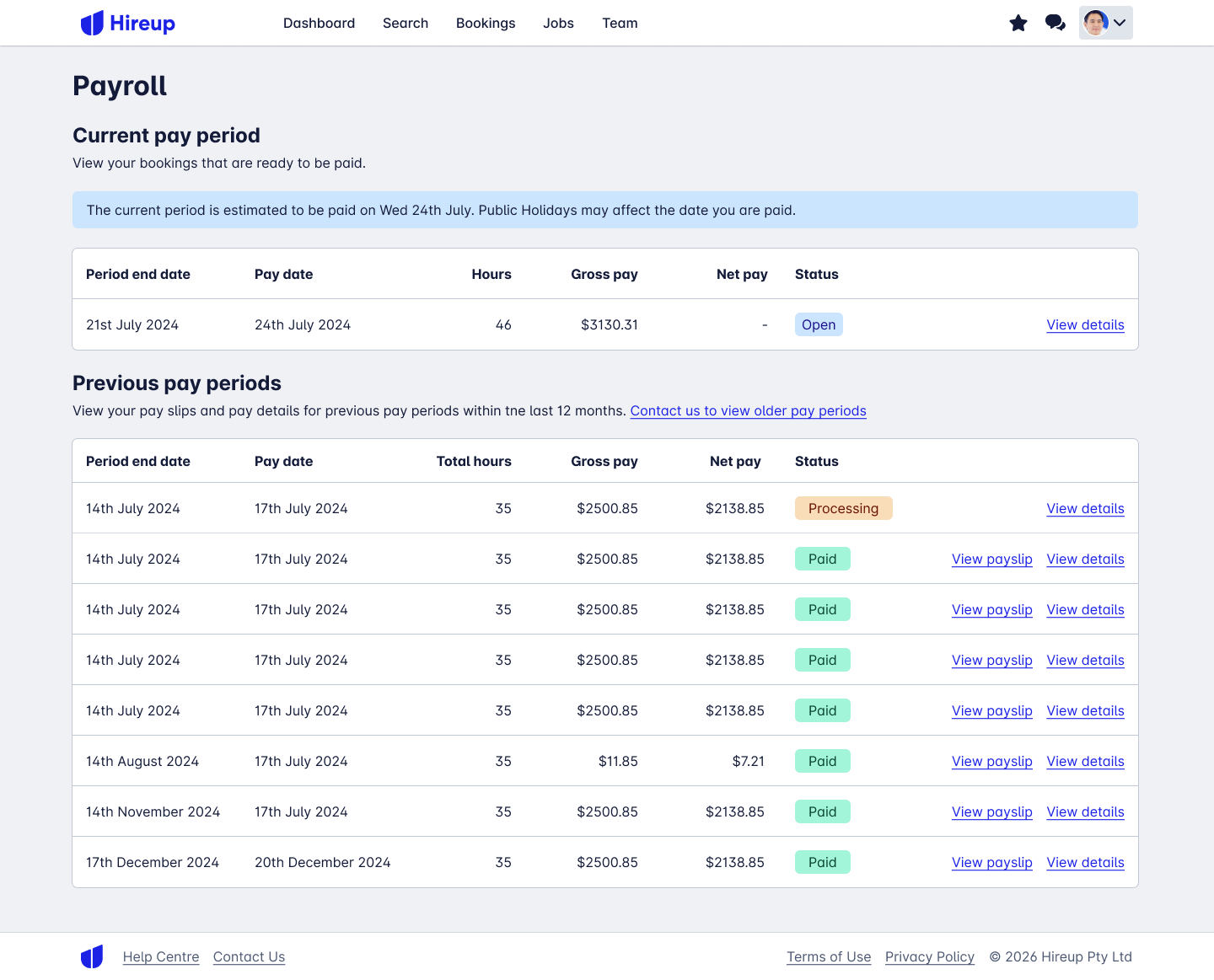 Payroll page using the table component.