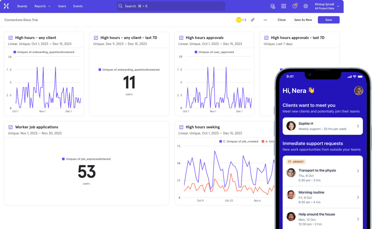 A screenshot of Mixpanel and an iOS device.